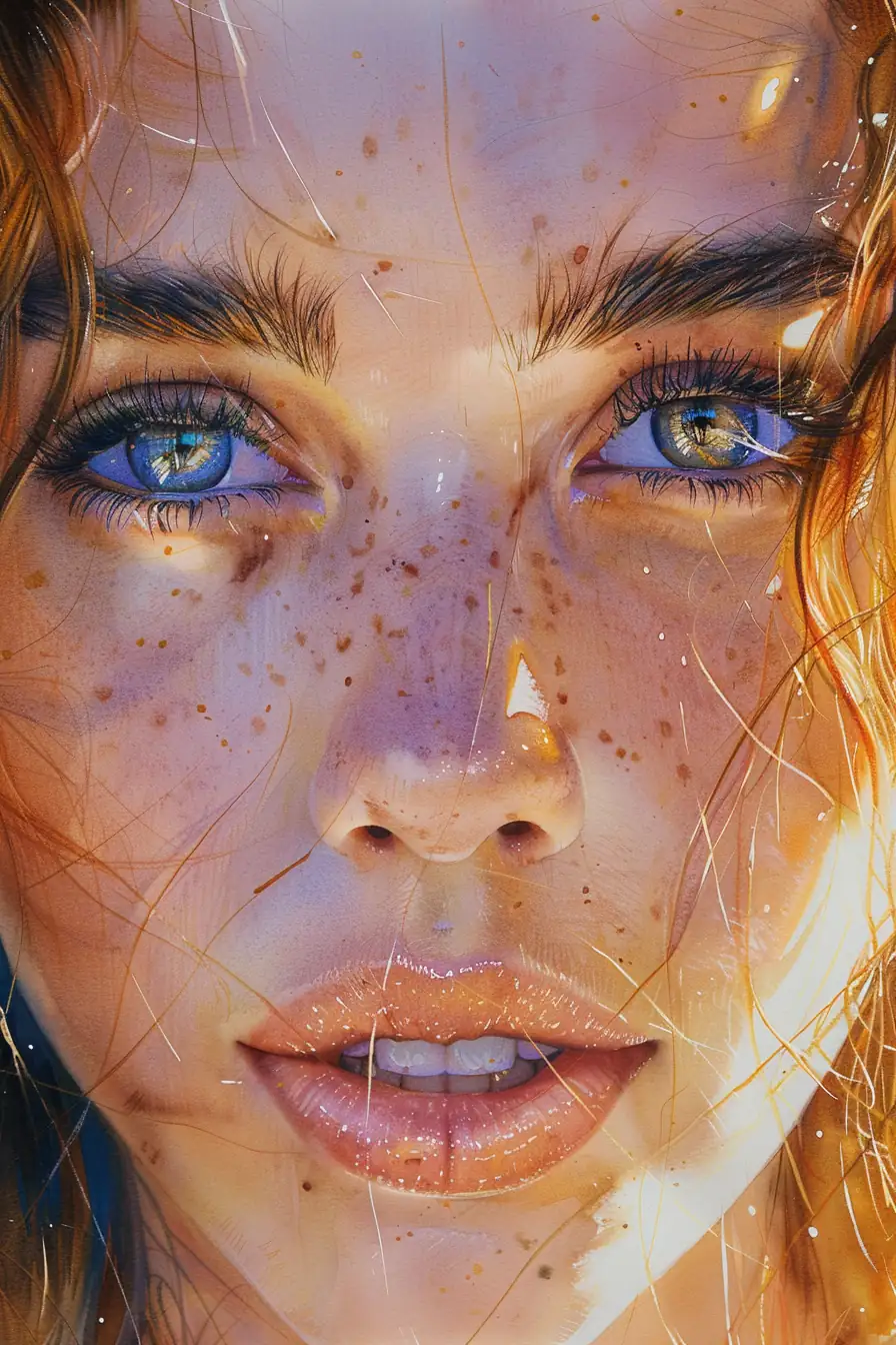 Abstract watercolor portrait with flowing pigment and atmospheric background