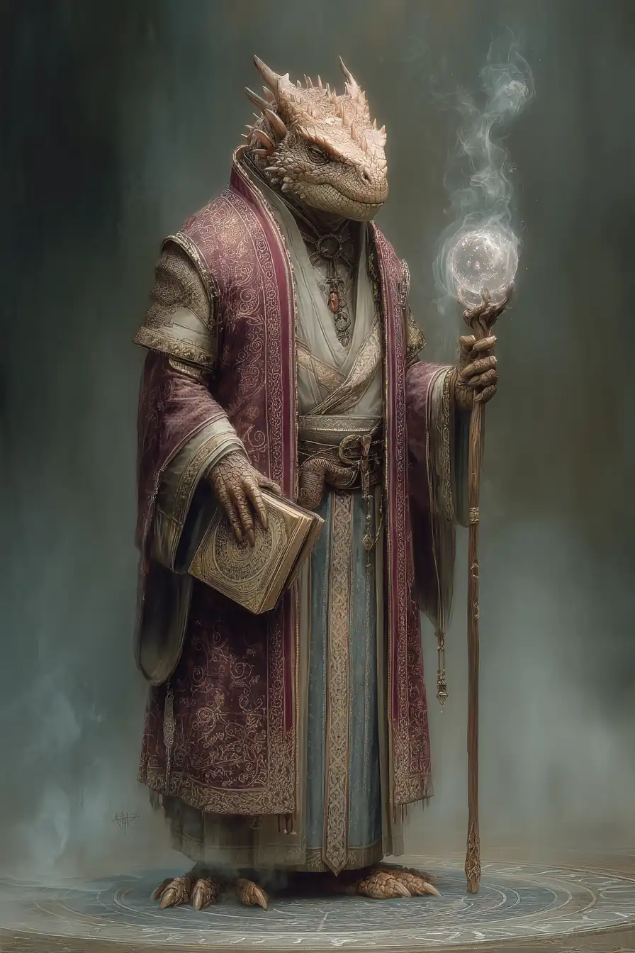 Dragon sage in humanoid form with draconic features mystical robes and magical aura