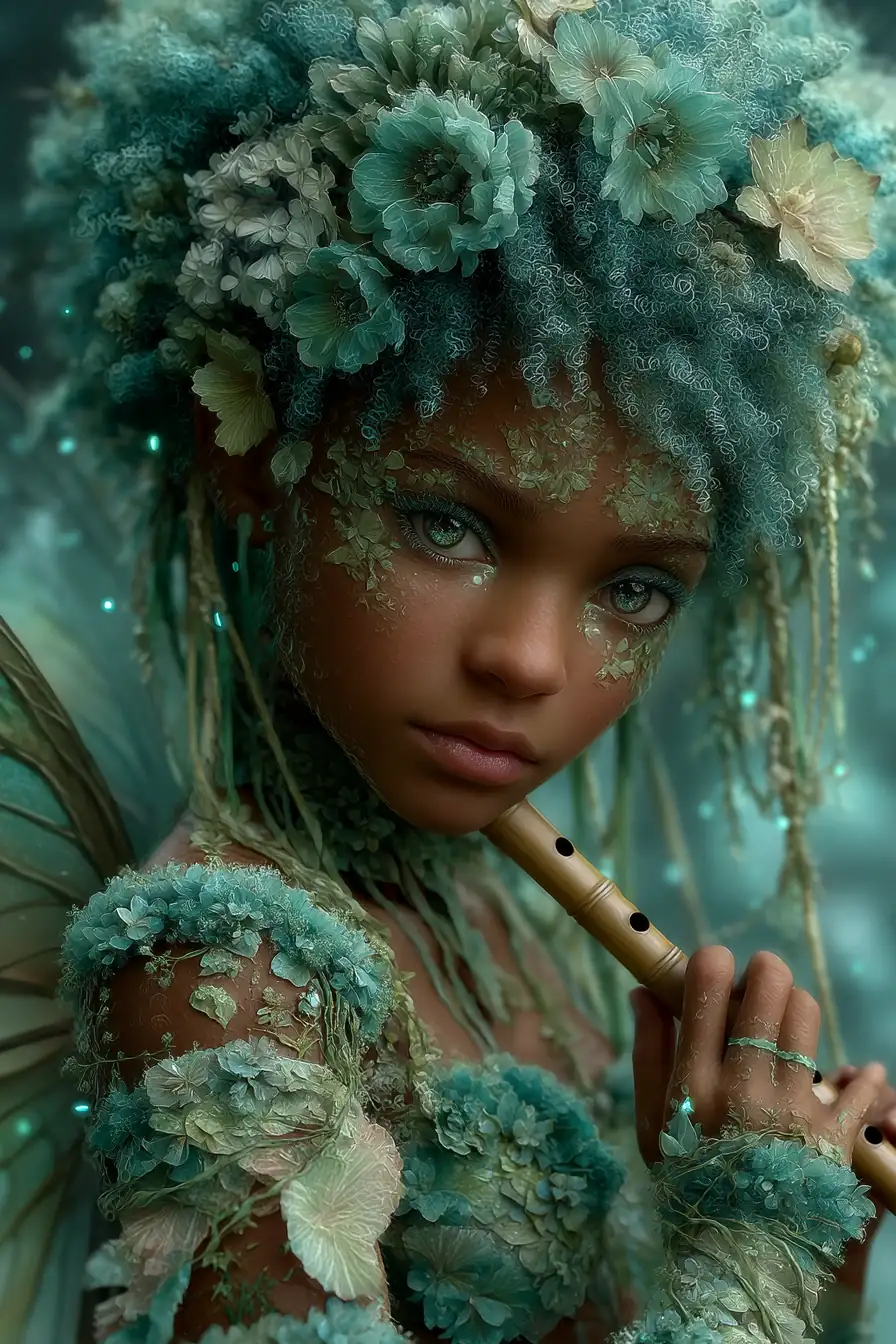 Fey creature with glowing flowers and magical forest background