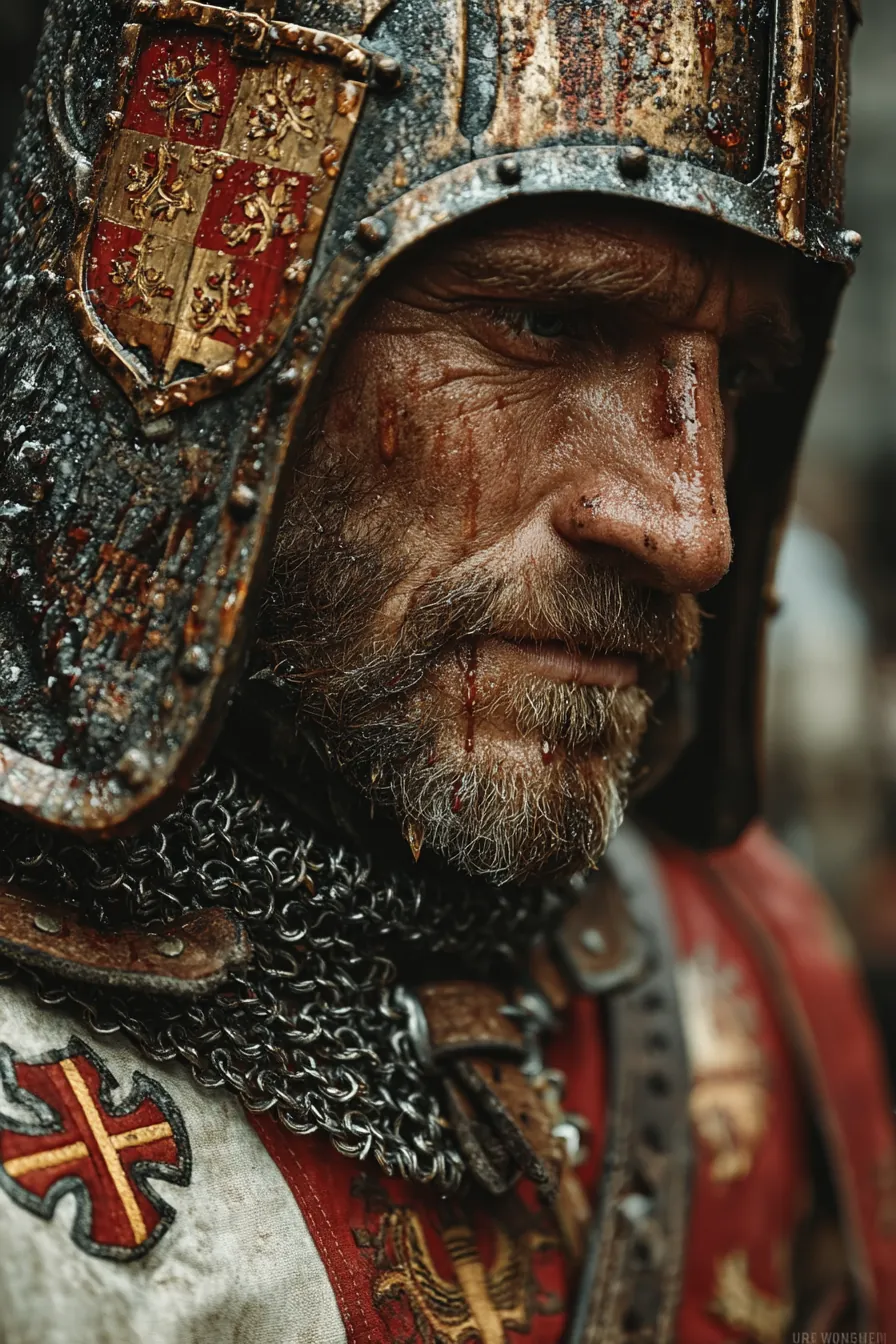 Medieval knight in chain mail with heraldic surcoat and battle-worn features