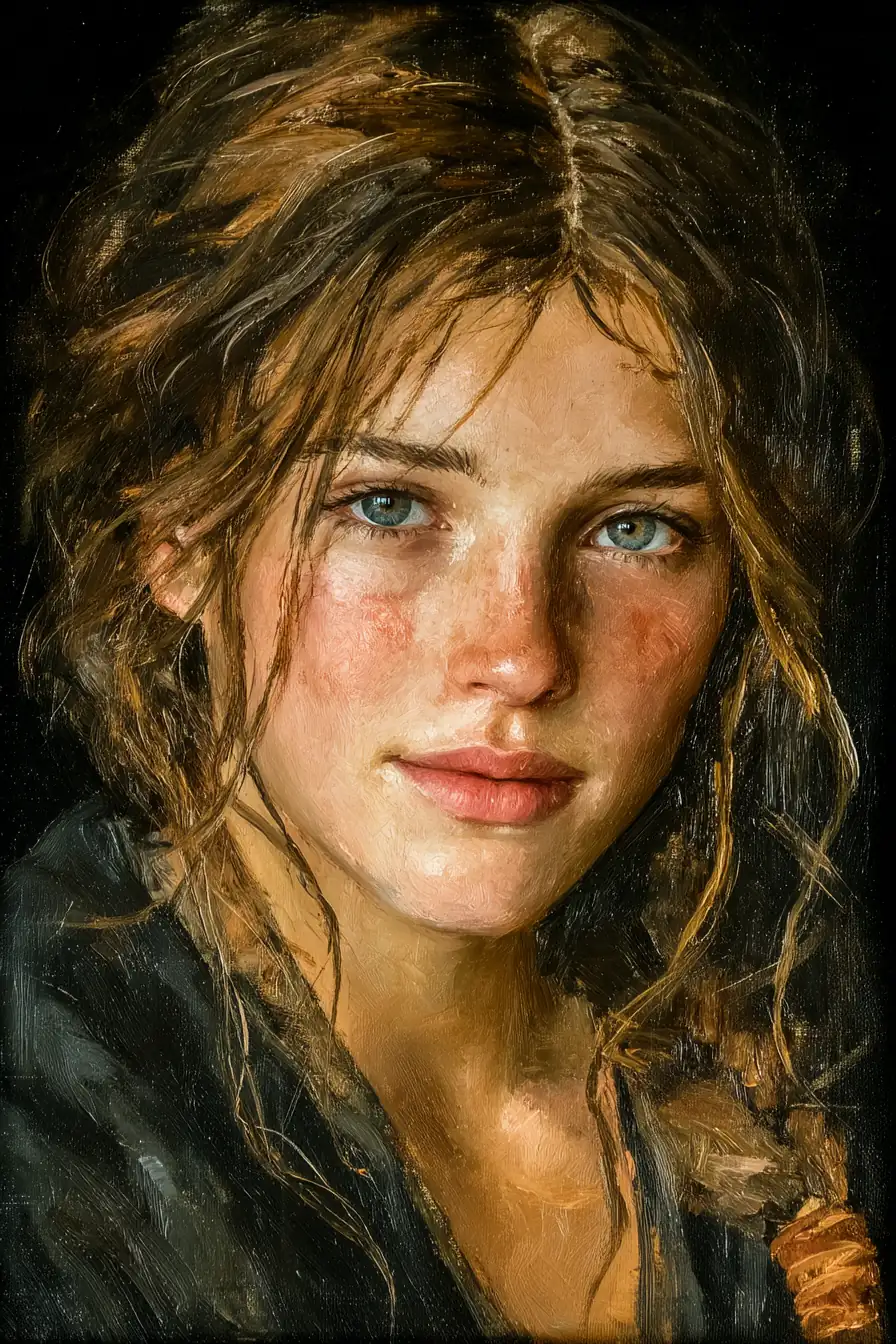 Oil painting portrait of young woman with artistic brushstrokes