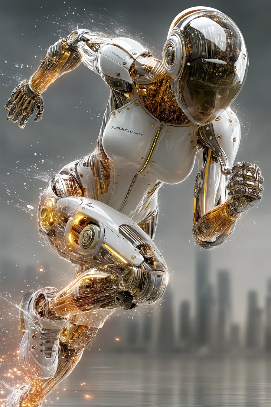 Advanced female android with sleek metallic design and holographic interface