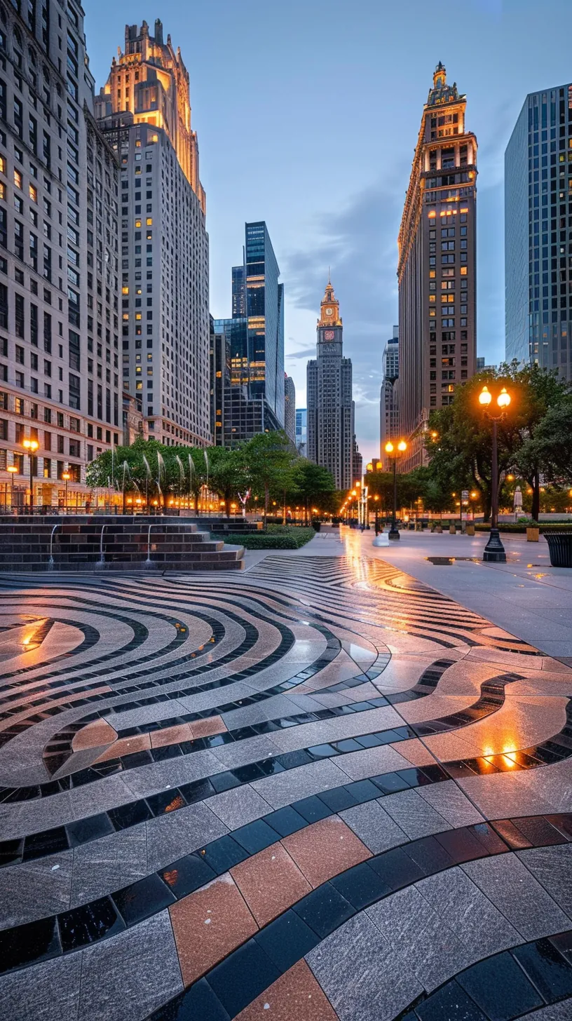 Art Deco cityscape with geometric tower designs and vertical setback architecture with gold and bronze metallic accents and dramatic uplighting on building facades