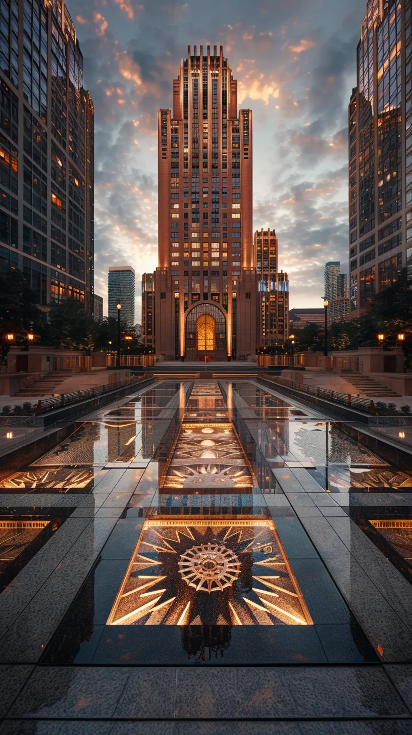 Art Deco skyline featuring stepped skyscrapers and ornate geometric patterns