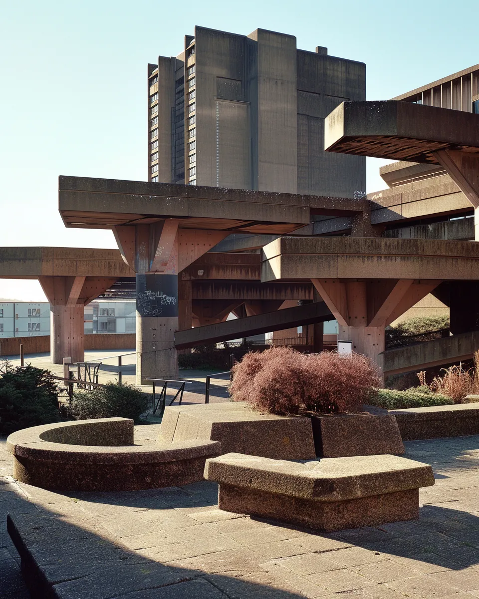 Brutalist urban complex with massive raw concrete structures and bold geometric forms with exposed aggregate surfaces and dramatic shadow play on angular facades