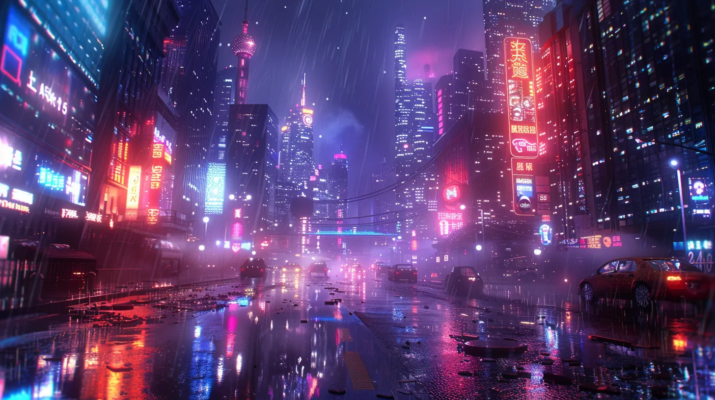 Futuristic cyberpunk megacity at night with neon-lit neo-futuristic towers and flying vehicles with holographic advertisements and rain-slicked streets reflecting colorful lights