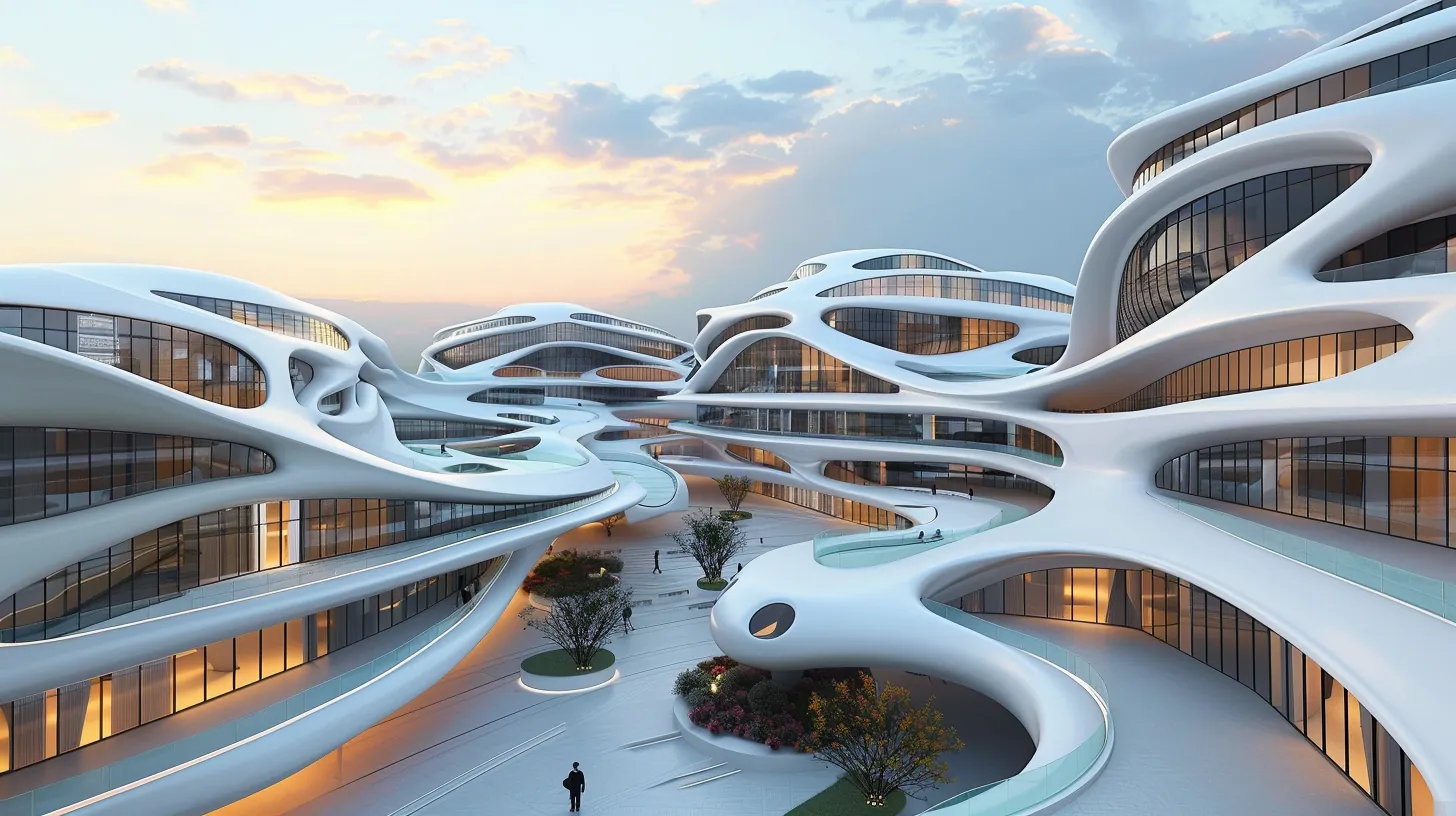 Futurist cityscape with flowing parametric architecture and curved organic forms with white sculptural buildings and dynamic swooping lines creating fluid urban composition