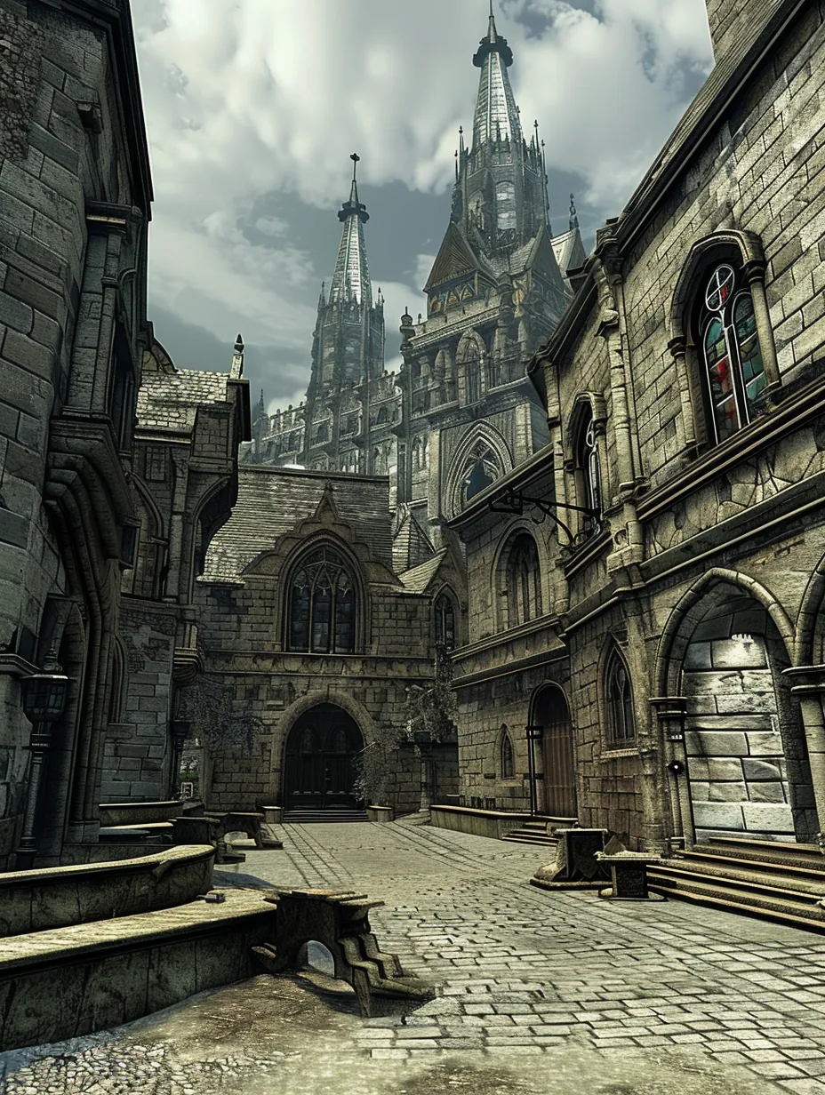 Gothic cityscape featuring medieval-inspired architecture with elaborate stonework