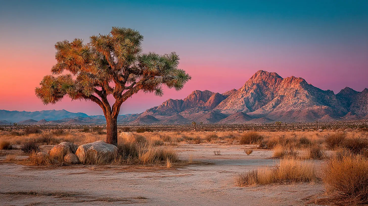 Desert landscape with Joshua tree positioned at rule of thirds intersection, horizon at lower third, and leading dune ridge creating diagonal composition