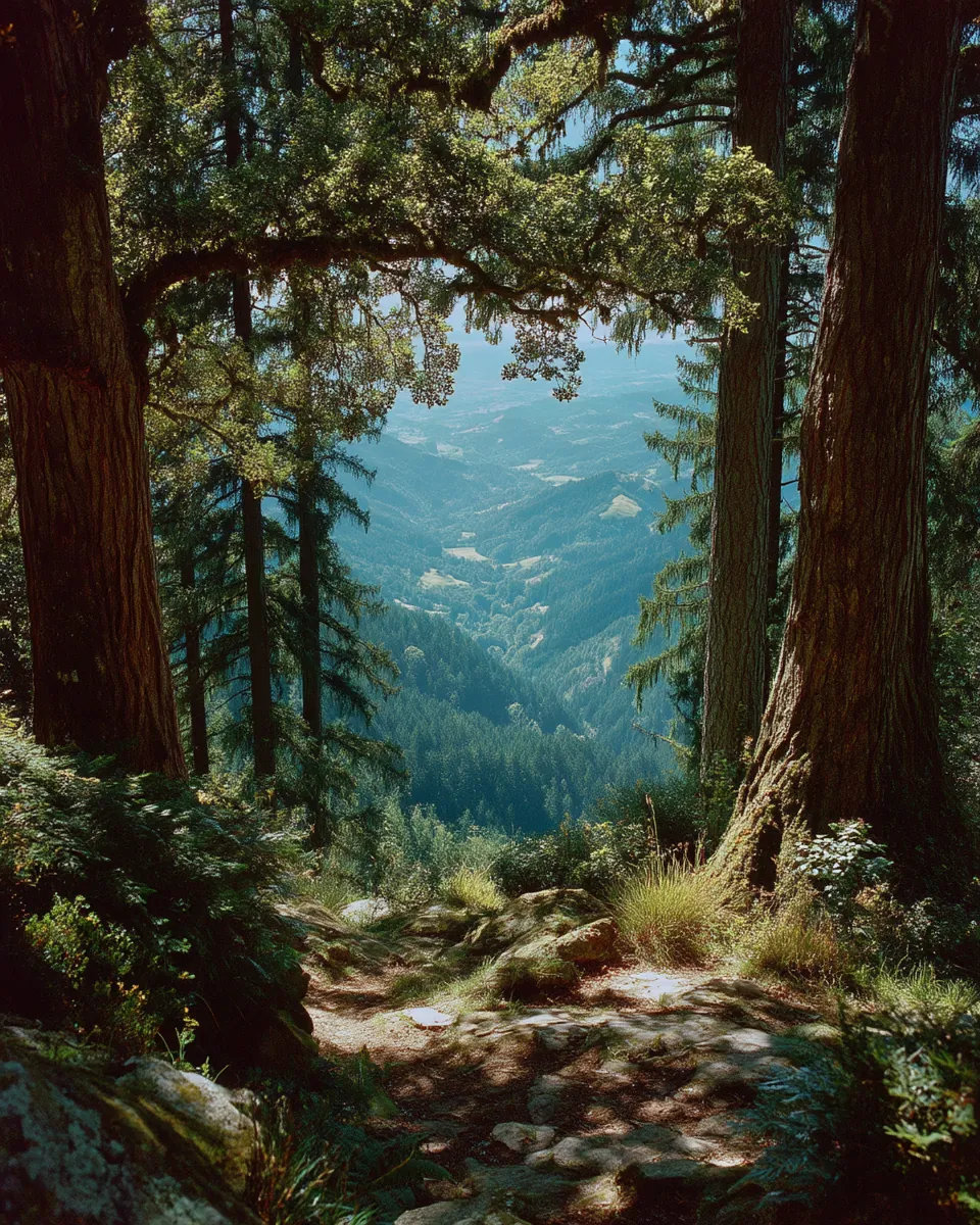 Forest vista framed by tall redwood trunks on left and right edges, opening revealing distant valley with atmospheric perspective and dappled light