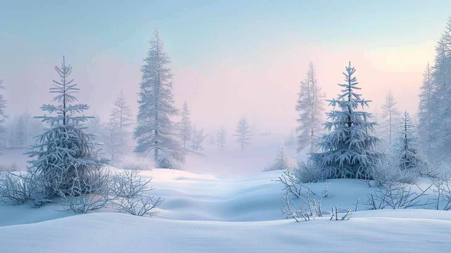 Snow-covered winter forest at twilight with frost-laden evergreen trees
