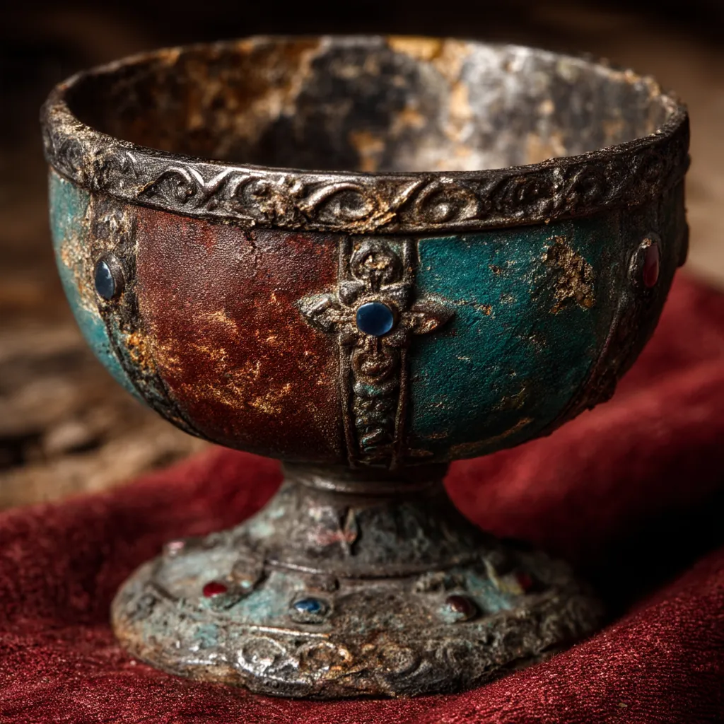 Ornate religious chalice with precious gems and mystical golden glow