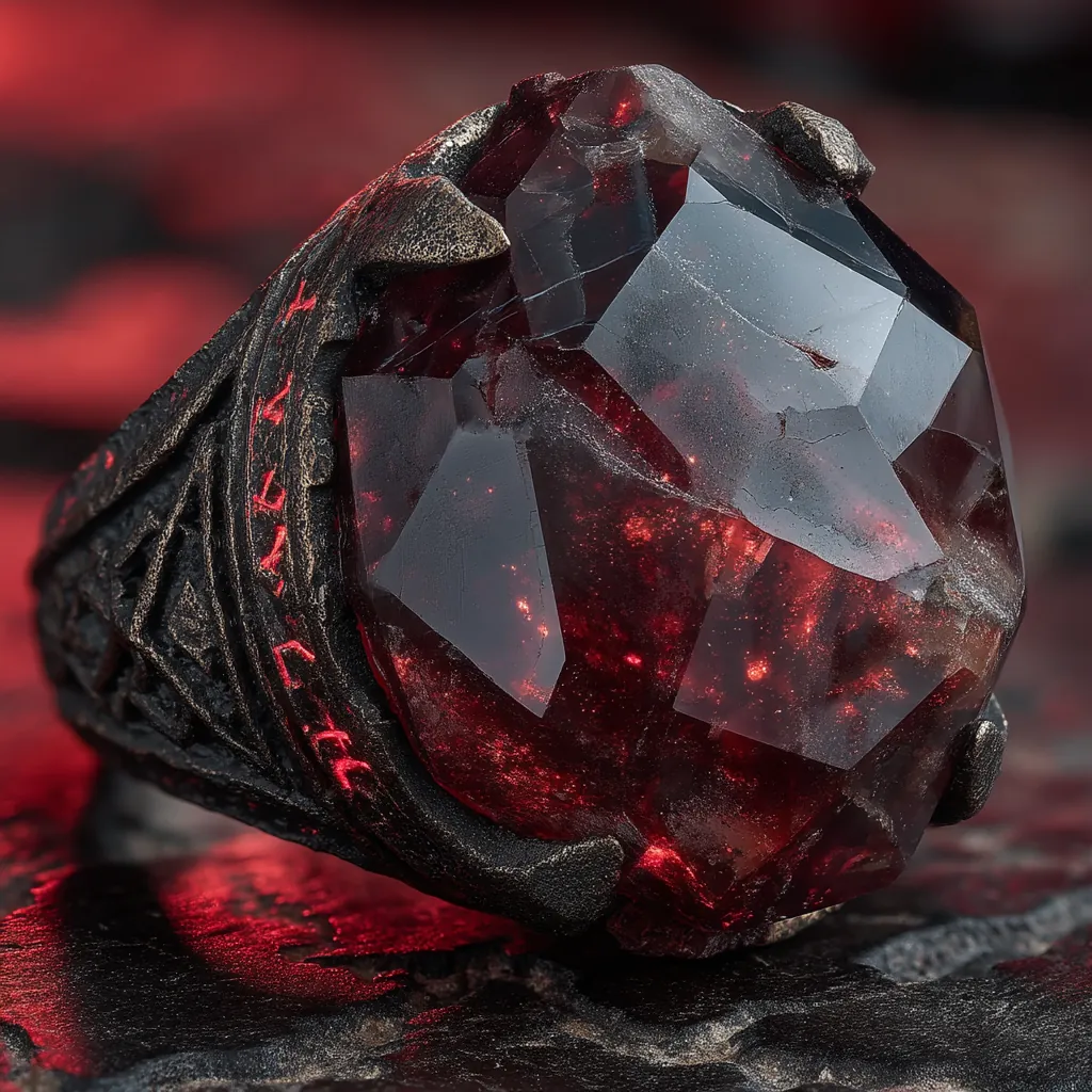 Cursed ring with dark obsidian stone and ominous red glow