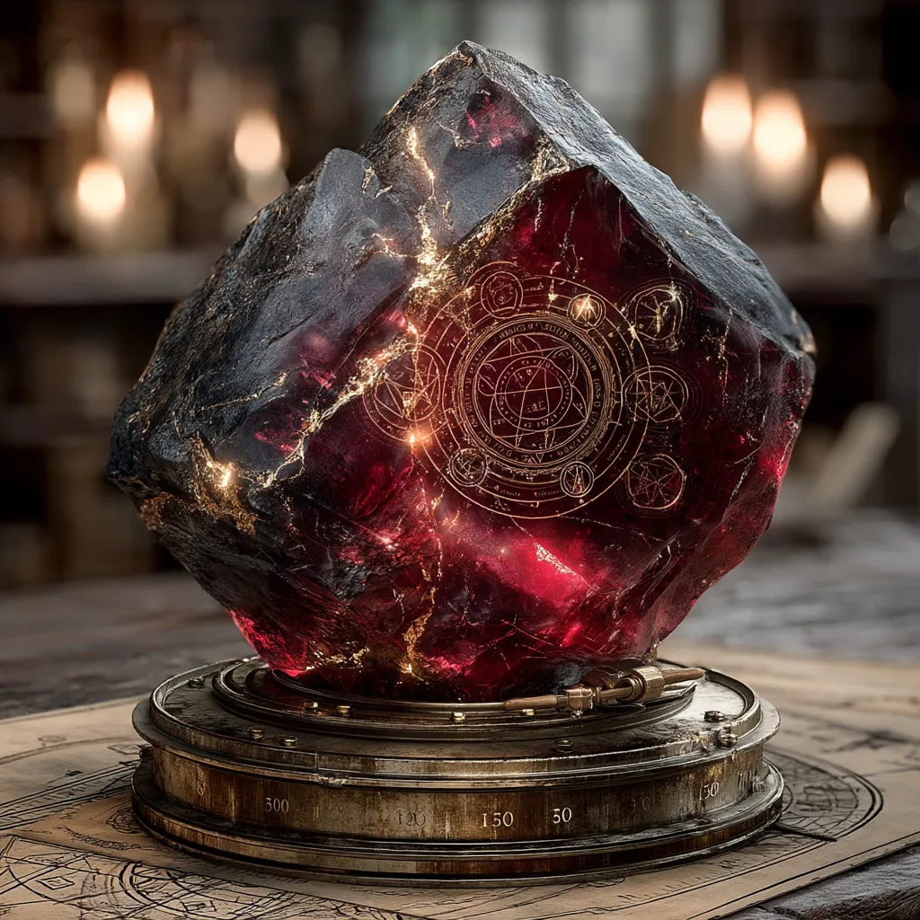 Legendary philosopher's stone with deep crimson color and golden veins