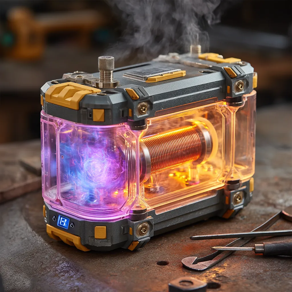 Portable fusion generator with glowing plasma core and containment rings