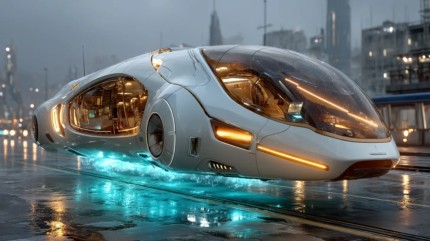 Futuristic floating vehicle suspended in mid-air with luminescent energy field