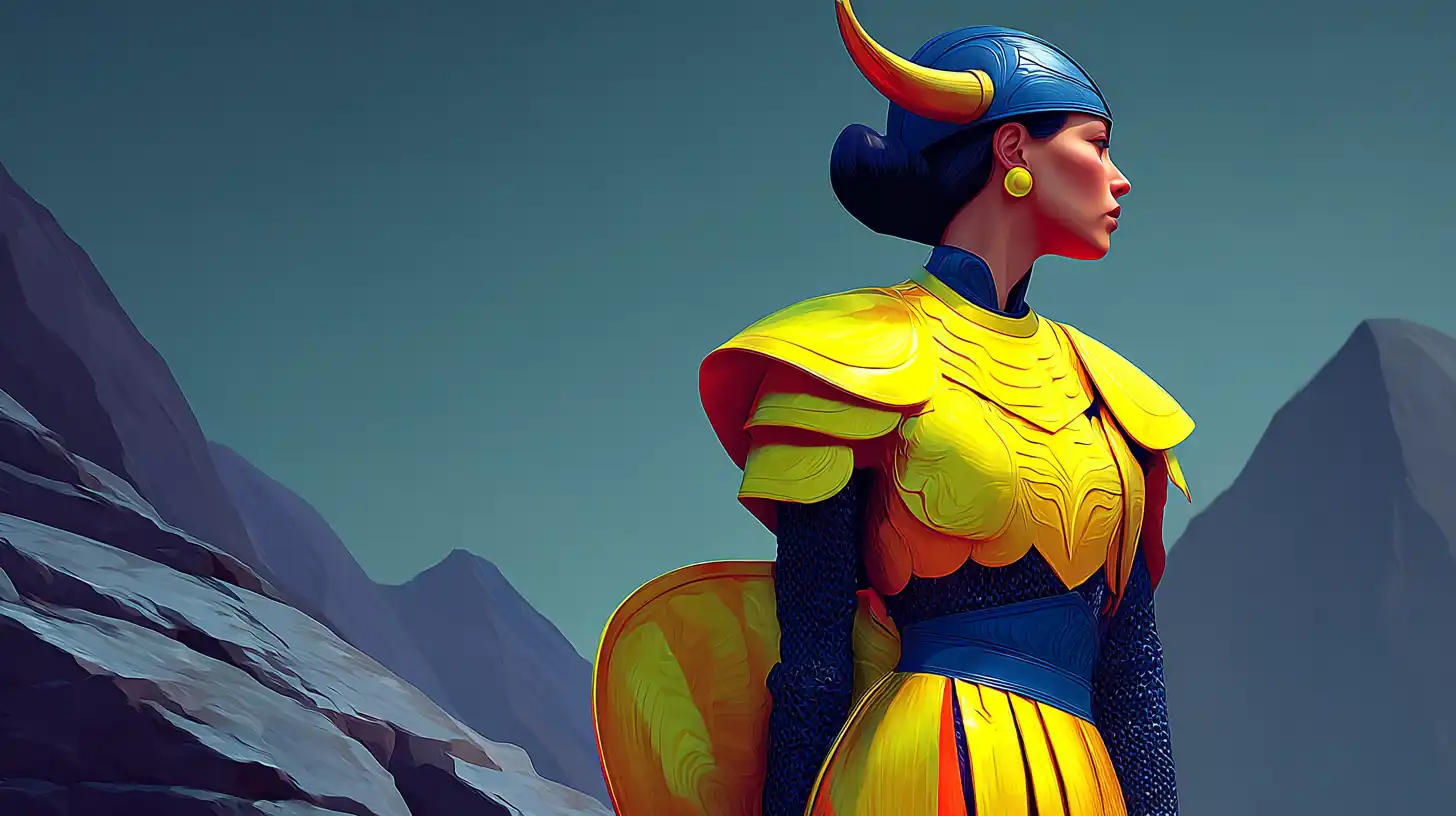 fantasy warrior in golden armor on a cliff edge, SREF 2653204188 with style weight 150, chaos 30, stylize 500, 16:9 aspect ratio