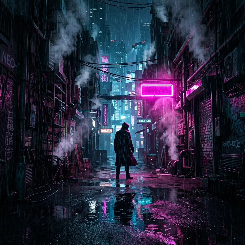 Rainy cyberpunk alley with a lone figure under a flickering magenta neon sign