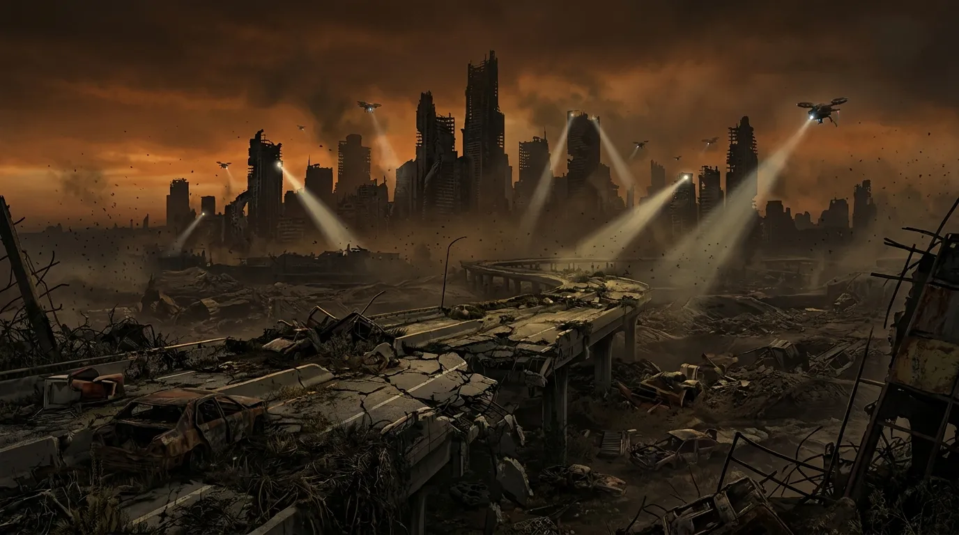 Dystopian wasteland with ruined city silhouette and orange smog sky