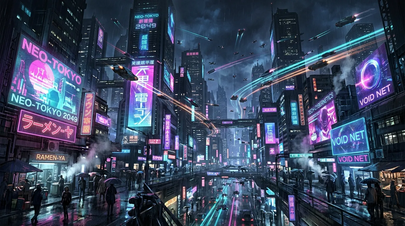 Vast futuristic megacity at night with neon towers and holographic billboards