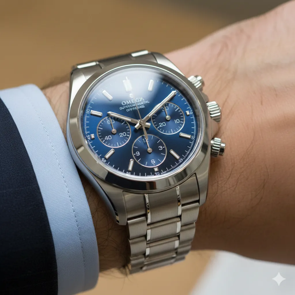 Luxury chronograph watch on wrist in professional setting