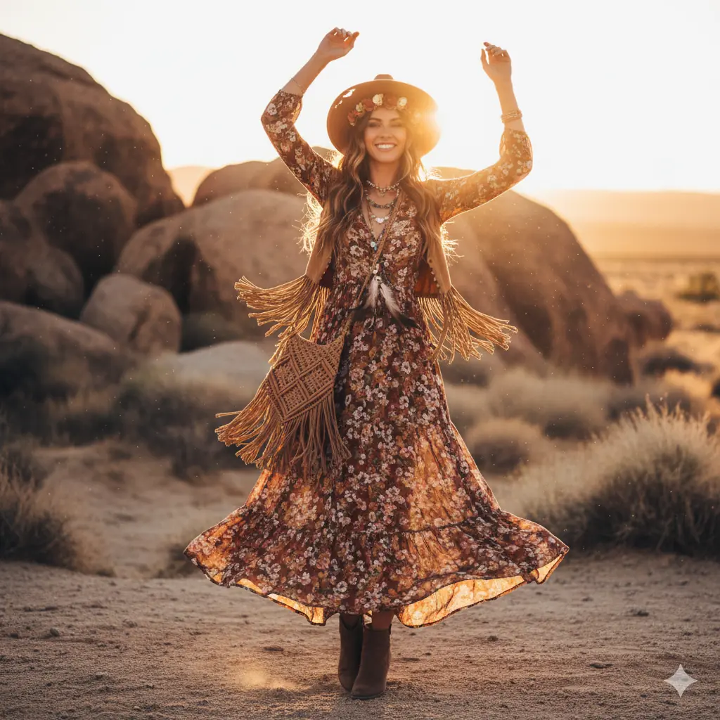 Bohemian festival fashion shot of model in flowy dress with golden hour lighting in open field