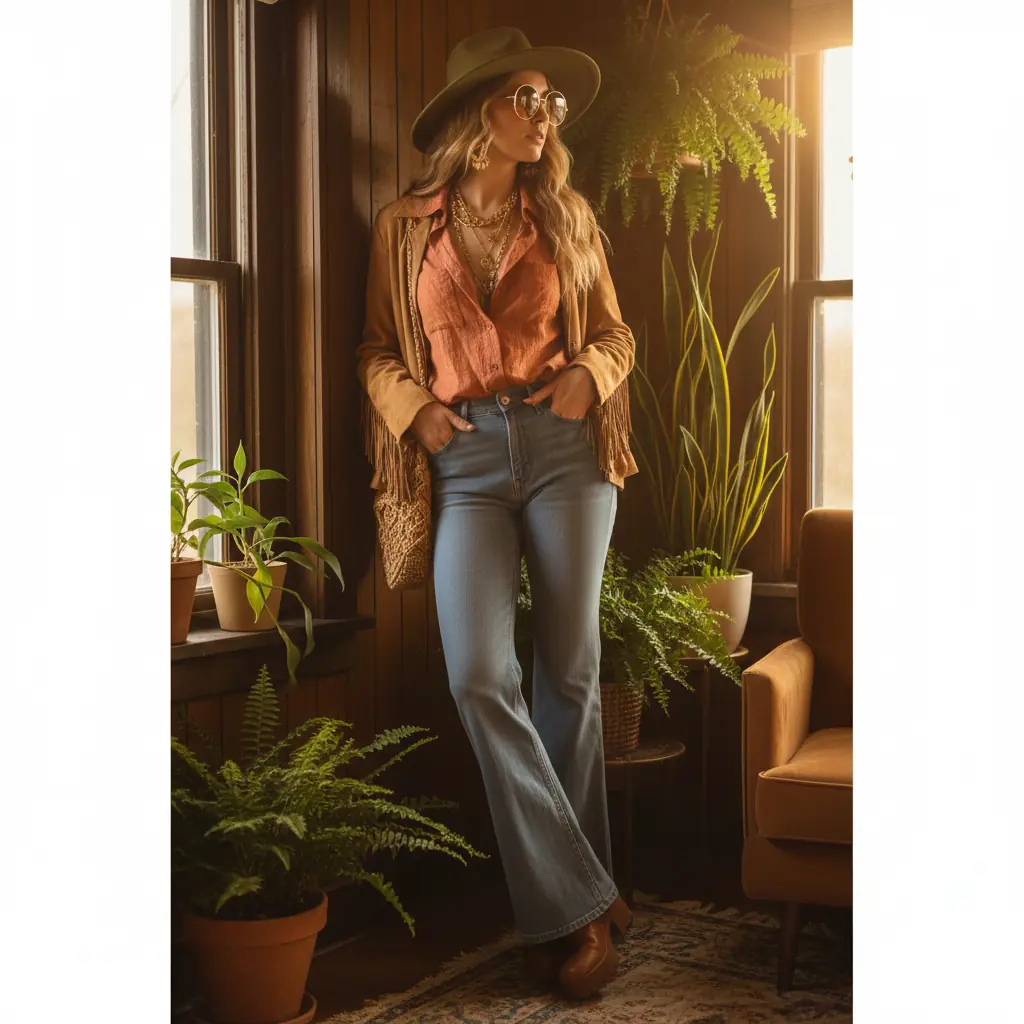 1970s-inspired vintage fashion shot with warm earthy tones and flared silhouettes