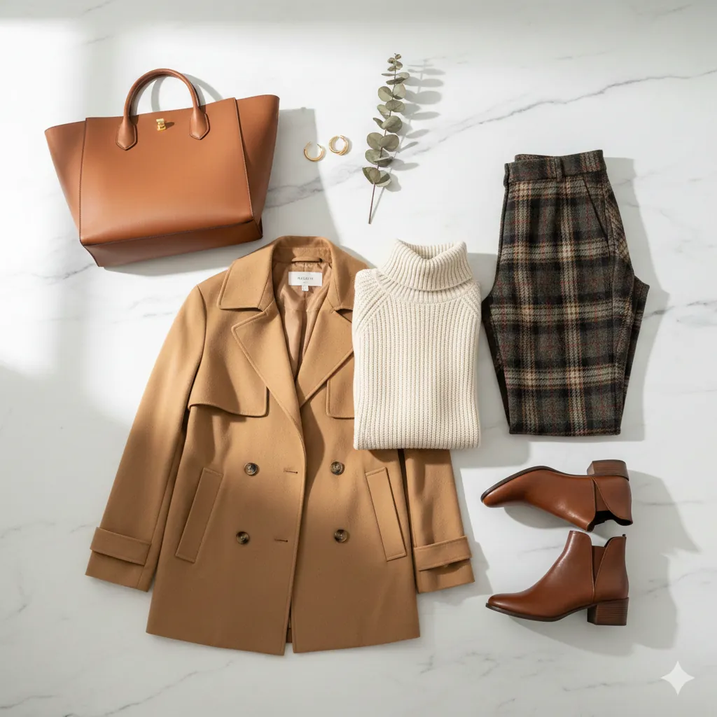 Lay flat photography of a chic minimalist autumn outfit