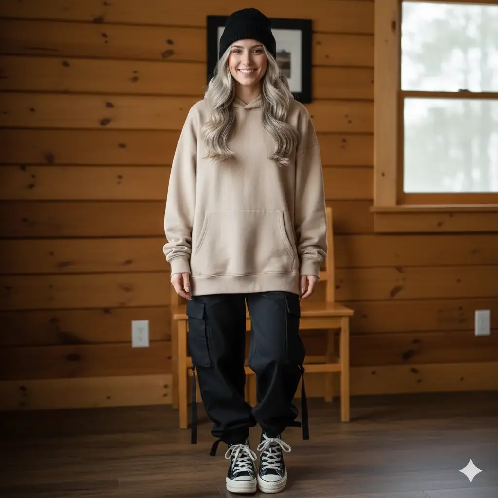 Person wearing oversized beige hoodie, black cargo pants with straps, and chunky sneakers