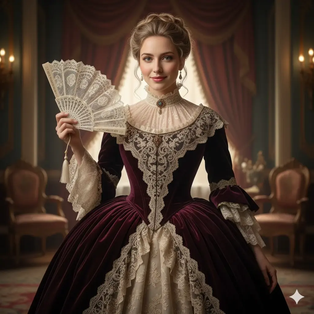 Woman in 1890s Victorian ballgown with velvet fabric, lace collar, corset waist, and bustle skirt holding a lace fan