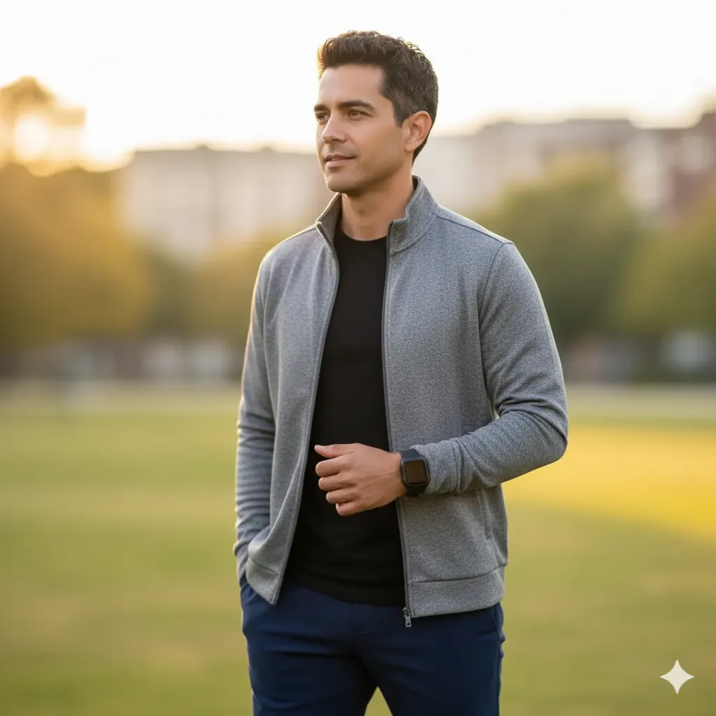 Person wearing high-quality tech hoodie or quarter-zip with fitted joggers and clean white minimalist sneakers