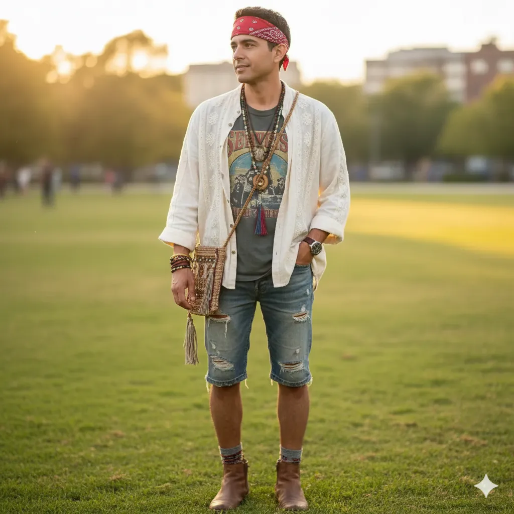 Person in relaxed linen shirt with vintage wash denim shorts, beaded necklaces, and leather boots for festival fashion