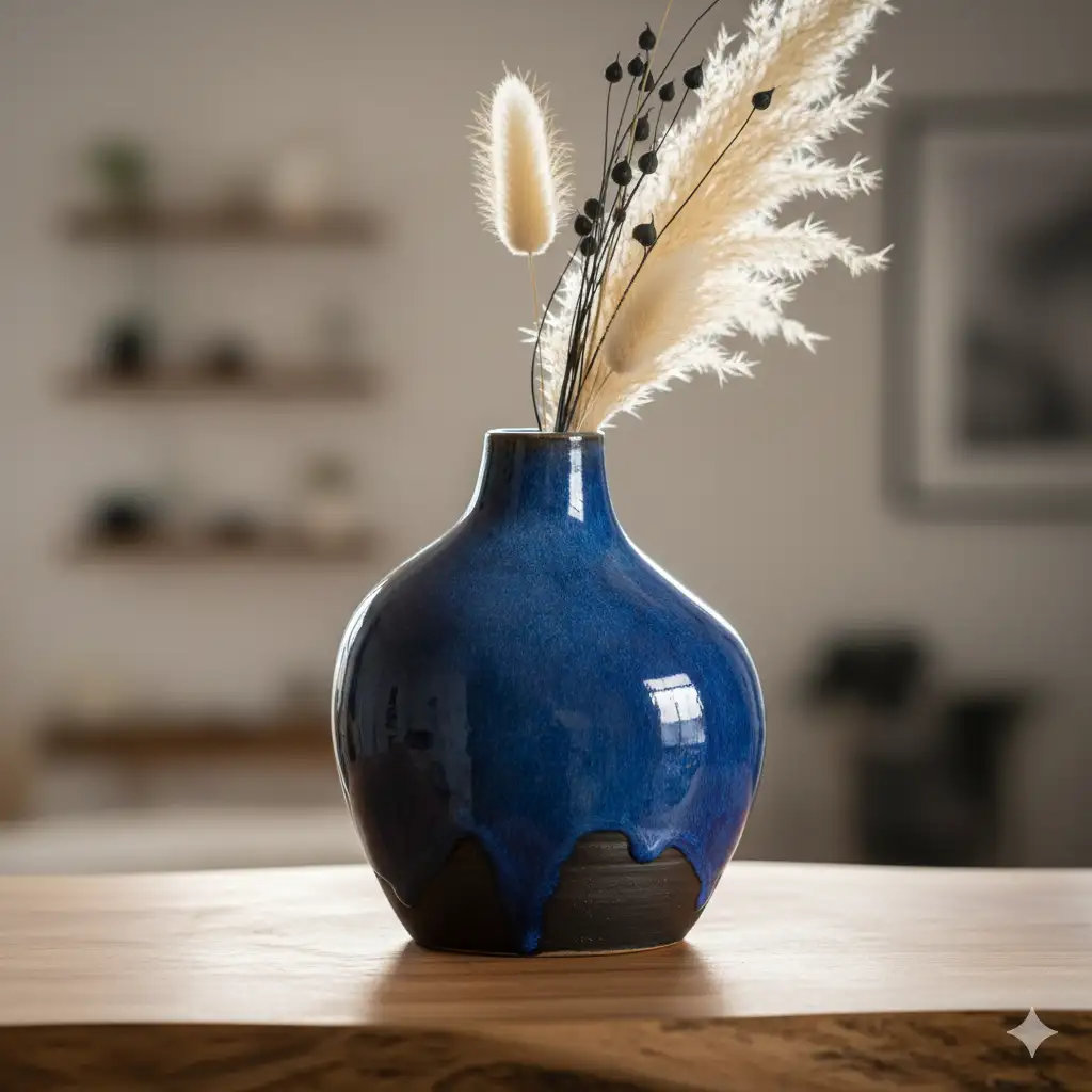 Handmade ceramic vase with asymmetrical organic form, reactive blue glaze with dripping effect, hand-thrown clay ridges texture, sitting on wooden shelf with dried flowers arrangement, rim light highlighting glaze gloss, artistic artisanal pottery object