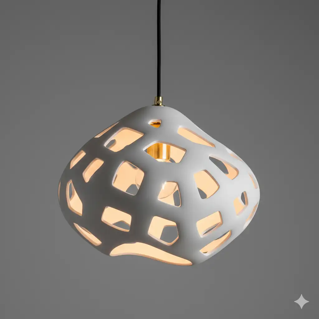 Sculptural pendant light fixture with organic blob-like form and asymmetrical curves, matte white ceramic with geometric cut-outs, warm brass hardware visible through openings, contemporary artistic biomorphic design, hanging against soft grey wall background with interior glow illuminating through ceramic cut-outs, minimalist black fabric cord, statement-making lighting