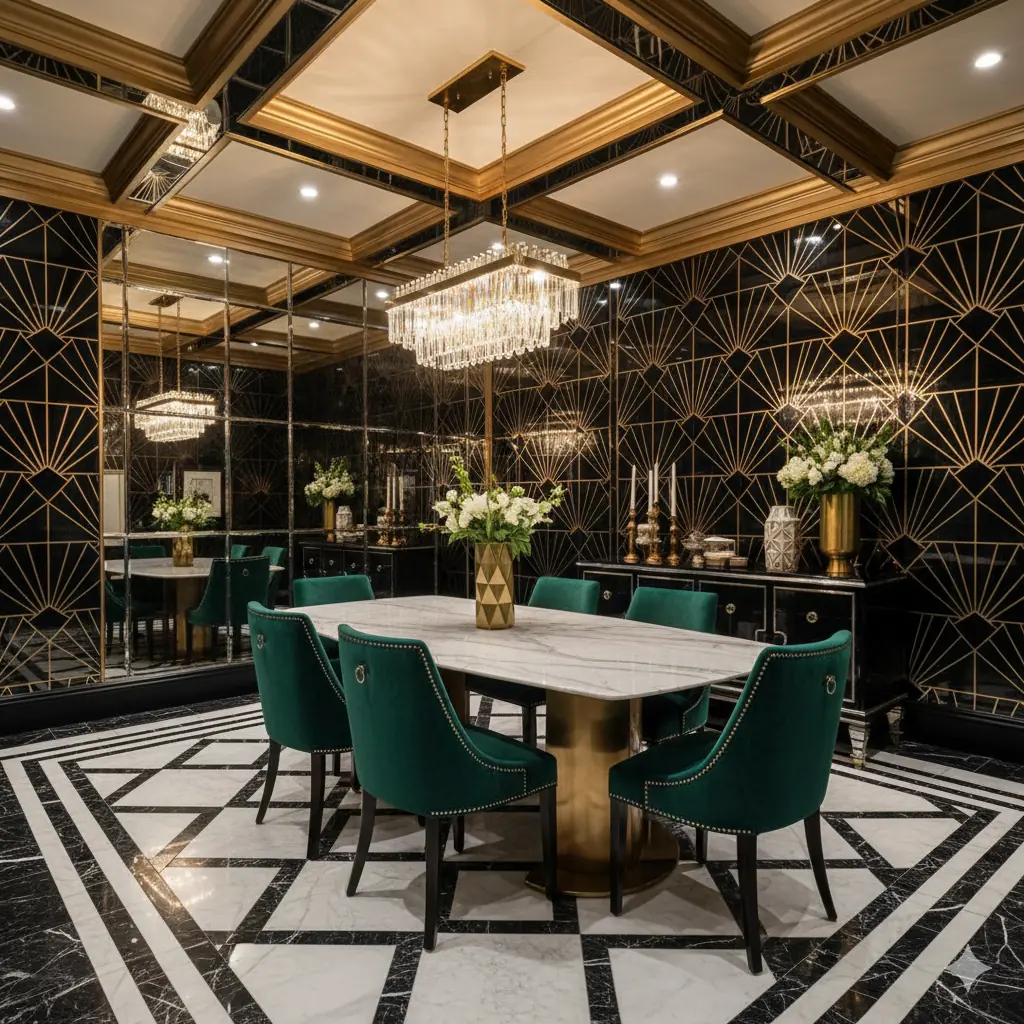 Art Deco dining room with geometric wall patterns, polished marble dining table, mirrored accent walls reflecting light, velvet dining chairs in jewel tones, chandelier with crystal and brass, rich gold and black color palette, glamorous sophisticated aesthetic