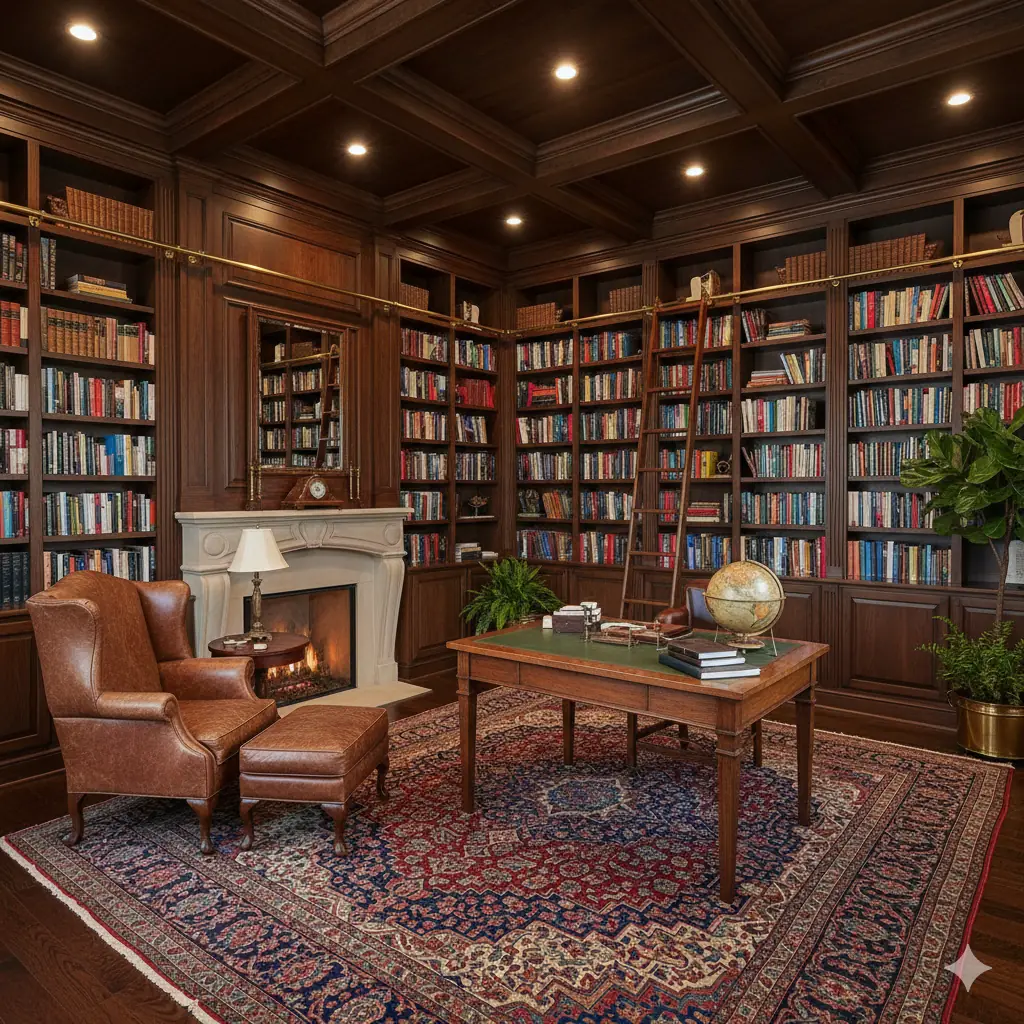 Sophisticated home library with floor-to-ceiling built-in bookshelves, rolling library ladder, ornate brass fittings, leather reading chair with ottoman, warm brass and leather accents, dim recessed lighting, cozy nook with warm wood tones and green plants, literary atmosphere