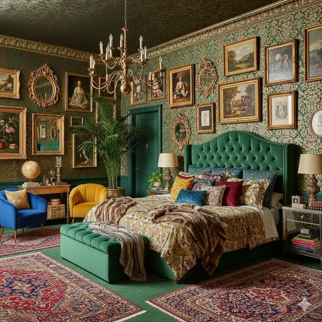 Maximalist master bedroom with jewel-tone wallpaper, patterned ceiling, ornate chandelier, layered textiles in clashing complementary colors, velvet upholstered bed with tufted headboard, mixed artwork gallery wall, plush area rug, sumptuous audacious luxury aesthetic