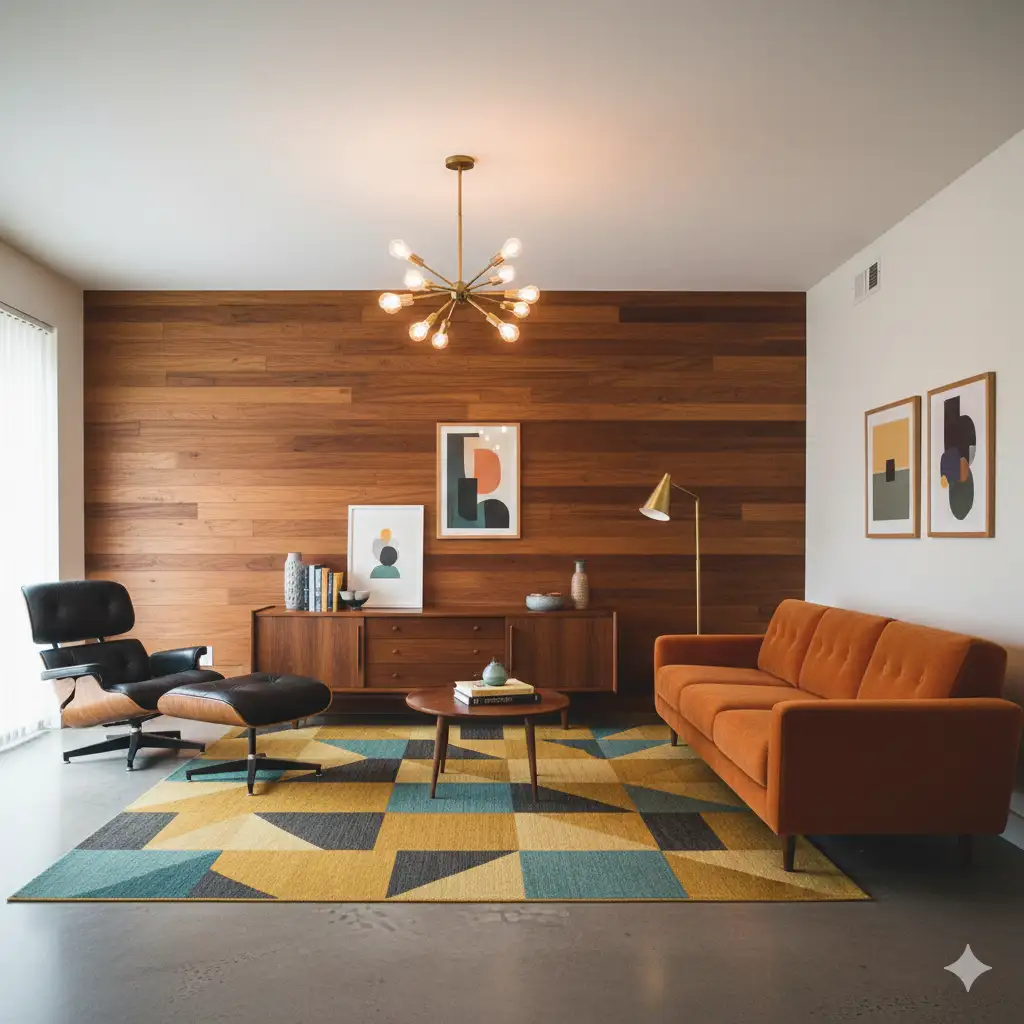 Mid-Century Modern living room interior with retro warmth and color, teak sideboard and Eames lounge chair, orange velvet sofa, walnut wood paneling feature wall, polished concrete flooring with geometric rug, warm wood tones, mustard yellow and teal color palette, Sputnik chandelier and floor lamps creating warm retro 1950s-1960s aesthetic