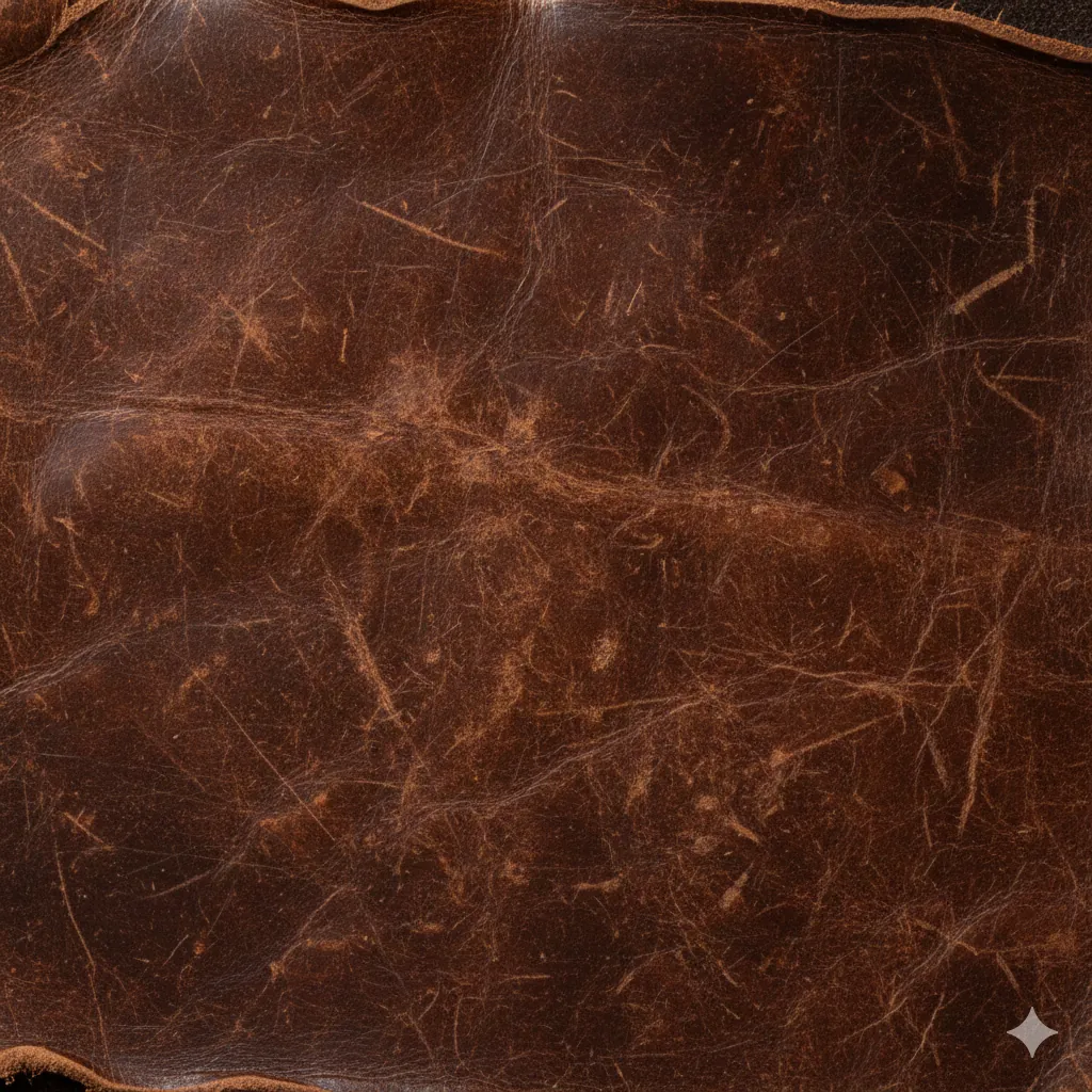 High-resolution distressed leather texture showing aged full-grain material with deep cognac brown patina, visible pores and natural creases, small scratches and scuffs, semi-gloss oiled leather finish, macro close-up with raking side lighting
