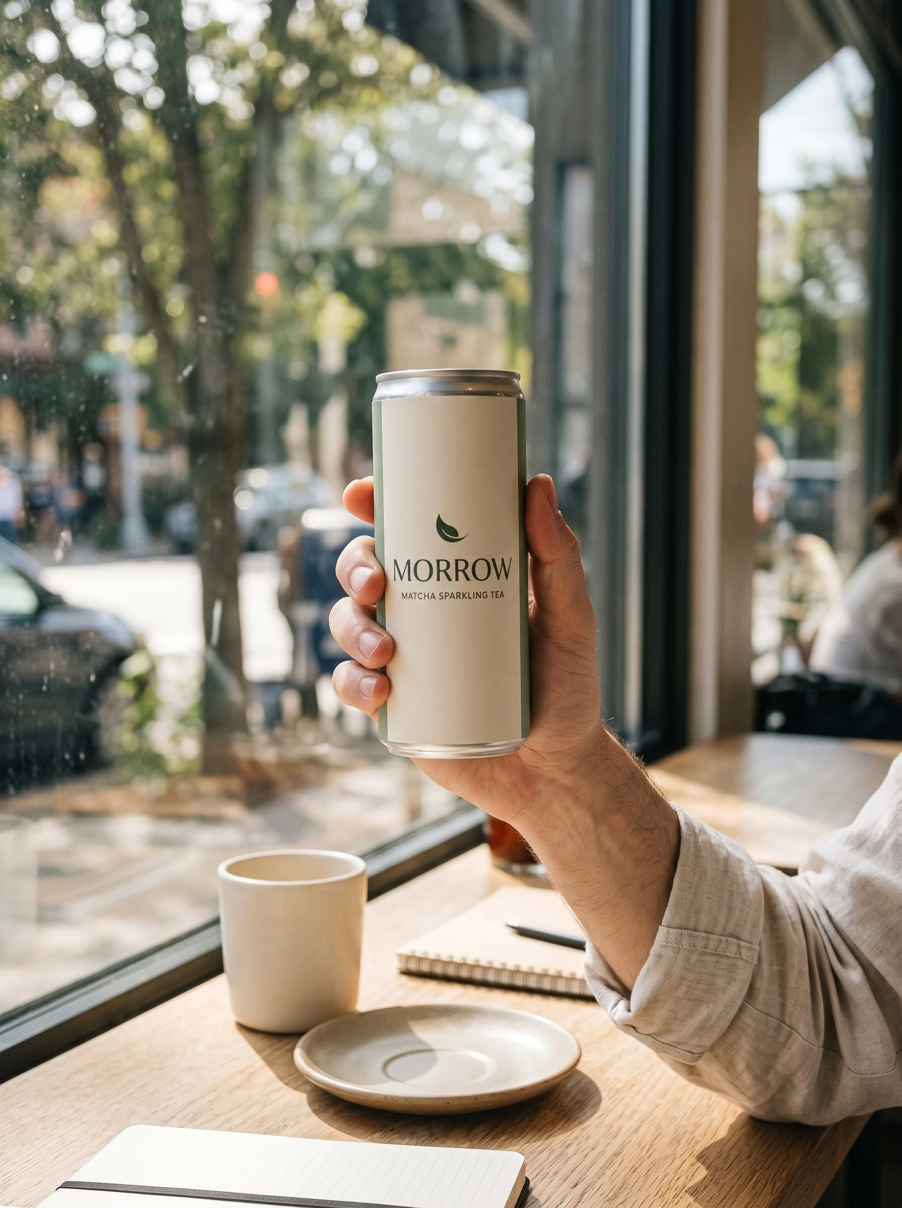 A hand holds the fictional MORROW matcha sparkling tea can beside a café window; the label faces the camera