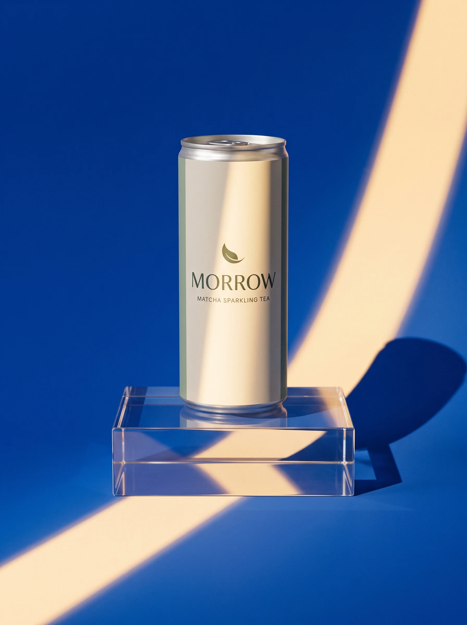 The MORROW matcha sparkling tea can on a clear acrylic plinth against a cobalt-blue studio background with a diagonal beam of warm light