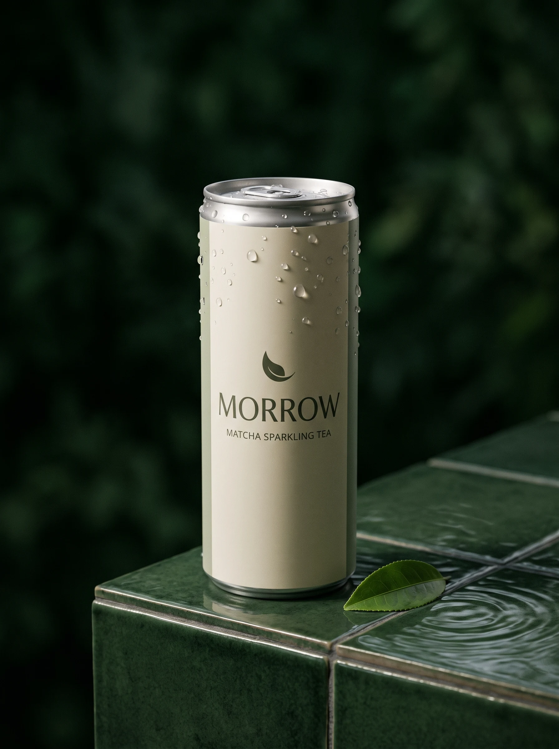 A close campaign photograph of the same MORROW matcha can with condensation on a dark green tile surface