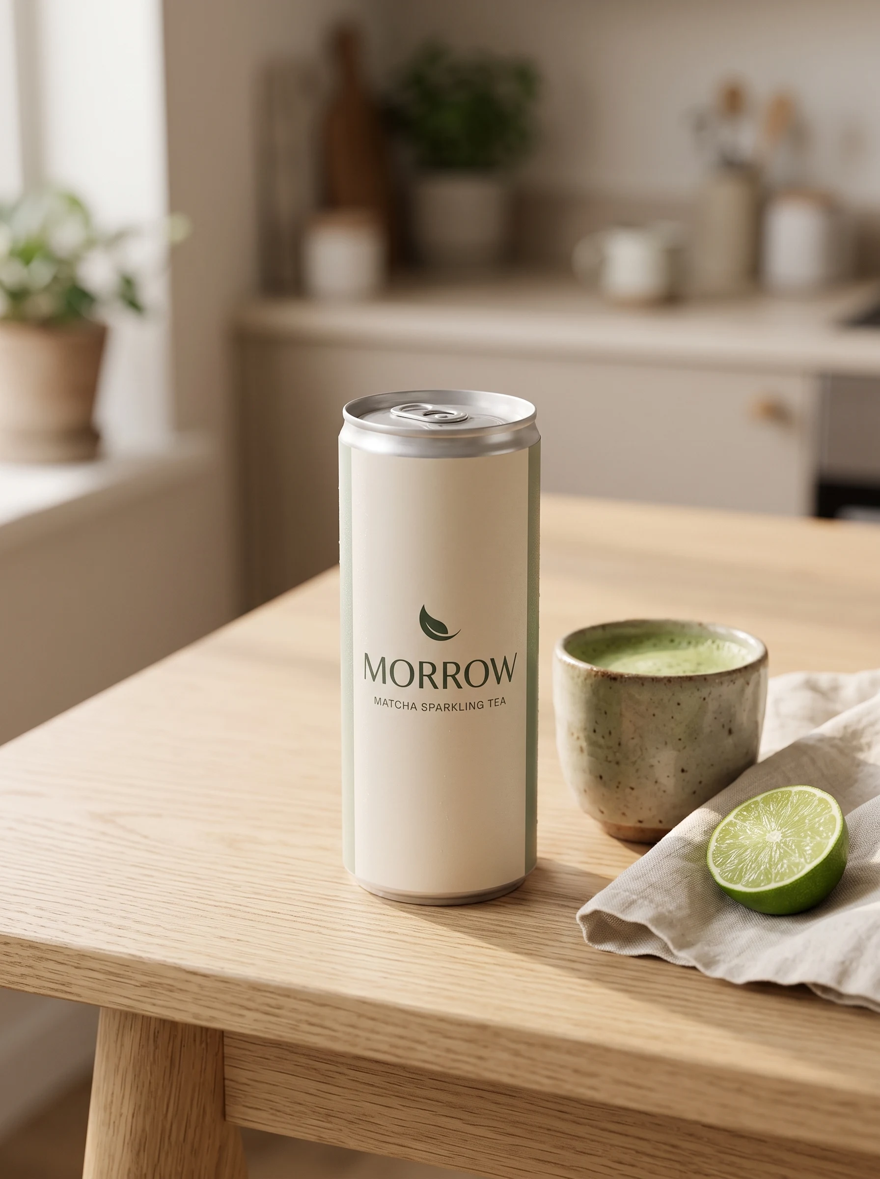 The same fictional MORROW matcha sparkling tea can on a sunlit oak kitchen table beside a handmade ceramic matcha cup and lime