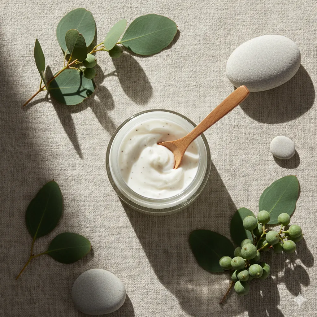 Organic flat lay photography of face cream jar with eucalyptus leaves and natural elements on linen cloth