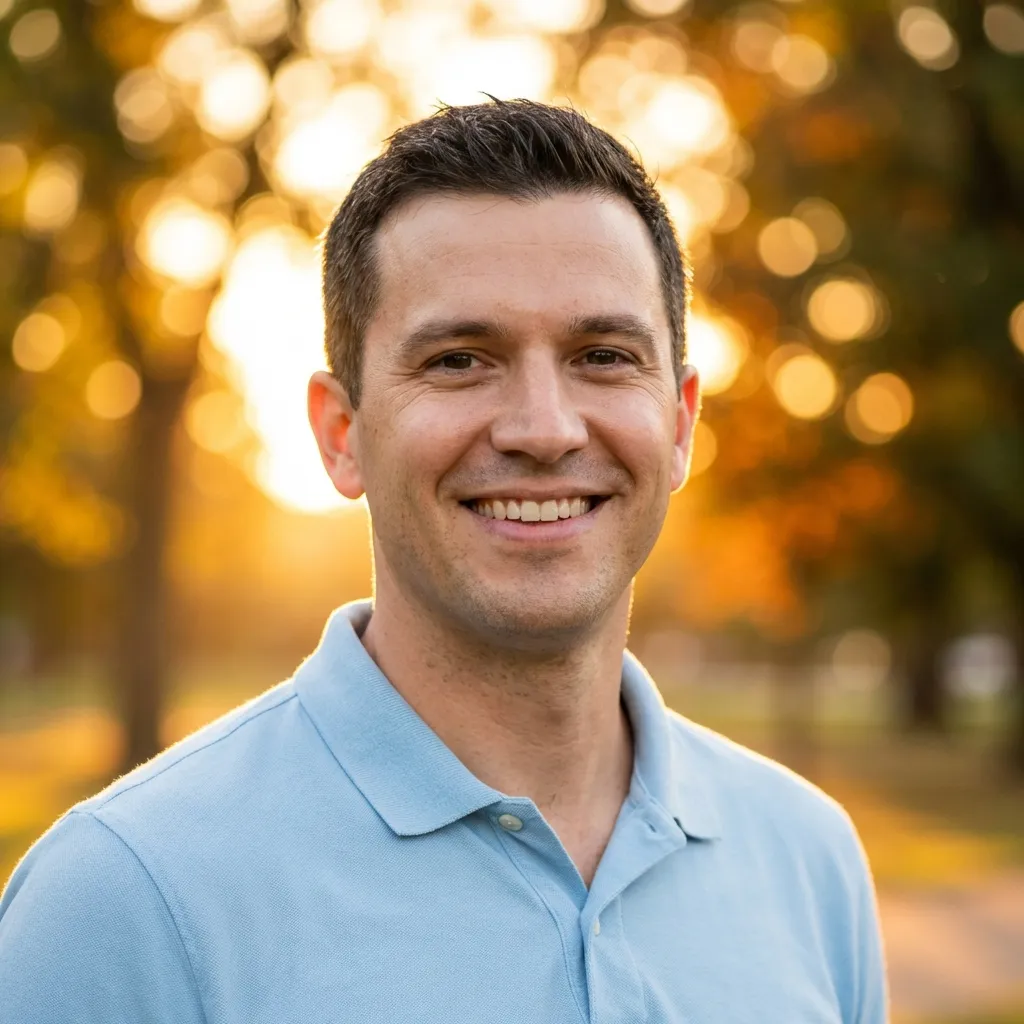 Outdoor environmental headshot with light blue polo shirt and golden hour sunlight