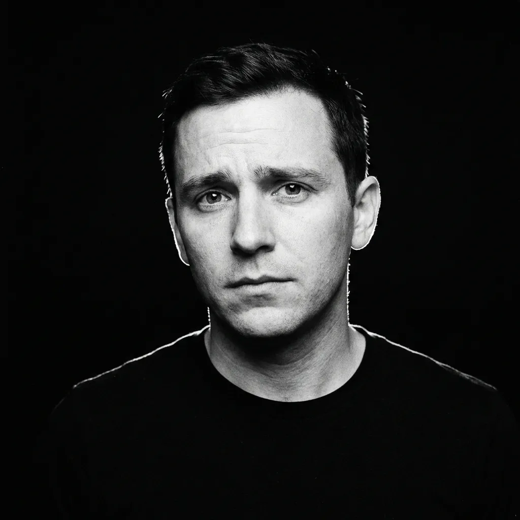 Classic Black & White studio portrait with black t-shirt and intense expression