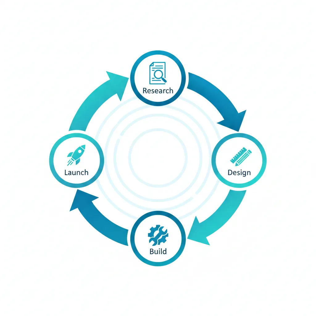 A 4-step circular process diagram showing Research, Design, Build, and Launch connected in a clockwise flow with curved arrows, using clean flat vector art in professional blue and teal gradient on a light grey background