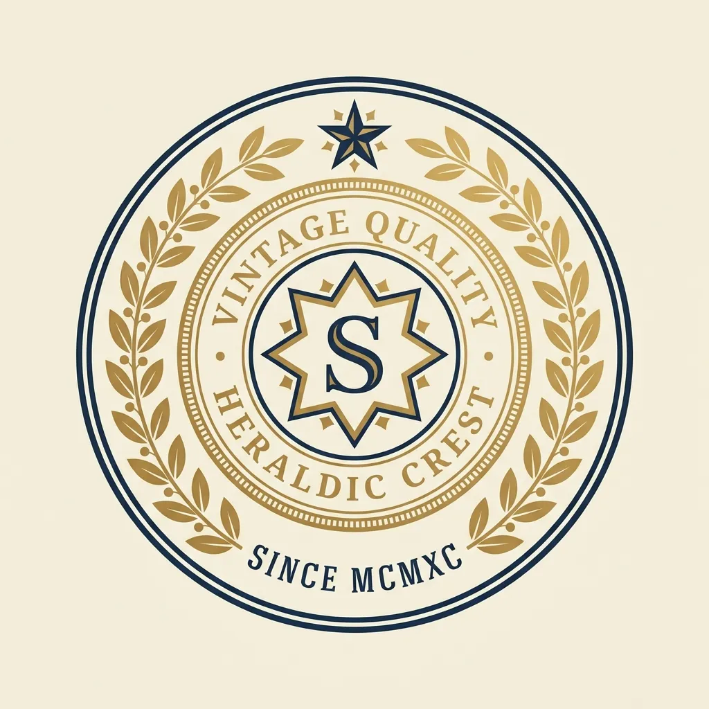 Circular badge logo with laurel wreath and star emblem in navy and gold on cream