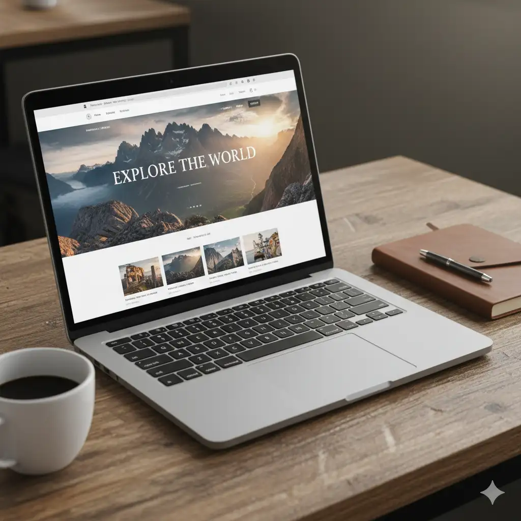 MacBook Pro laptop open on a wooden desk displaying a travel blog website homepage with 'EXPLORE THE WORLD' header and mountain photo, coffee cup and notebook next to laptop, warm cafe lighting
