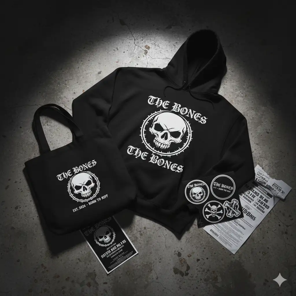 Streetwear merchandise collection for 'THE BONES' rock band featuring black hoodie, tote bag, and sticker pack with skull logo and gothic text, casually scattered arrangement on distressed concrete floor, moody high contrast lighting